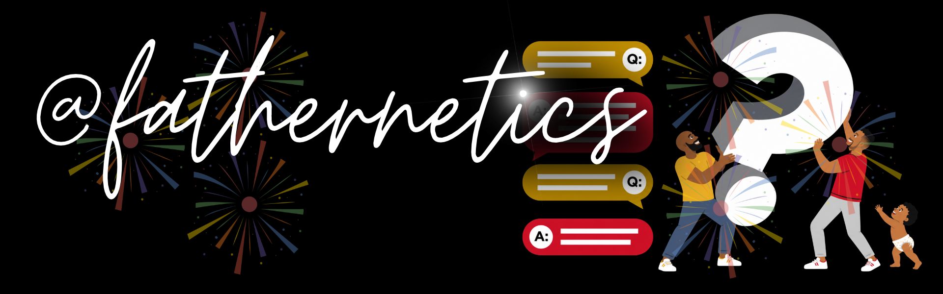 Fathernetics frequently asked questions banner featuring illustrated queer dads and child